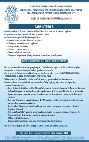 El IGSS invita a participar en la convocatoria para la plaza: Carpintero B