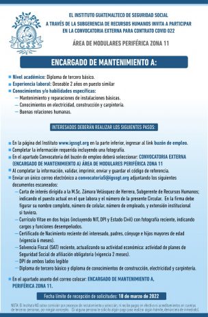 El IGSS invita a participar en la convocatoria para la plaza: Encargado de mantenimiento A