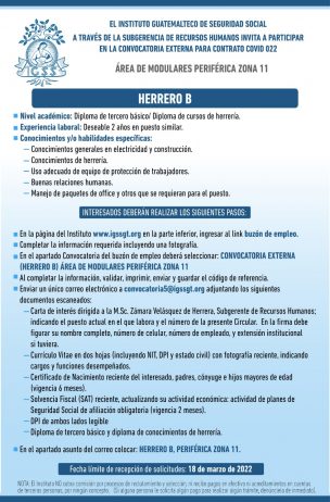 El IGSS invita a participar en la convocatoria para la plaza: Herrero B