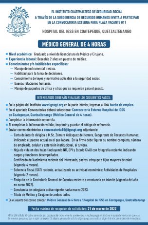 El IGSS invita a participar en la convocatoria para la plaza: Médico General