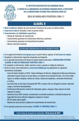 El IGSS invita a participar en la convocatoria para la plaza: Albañil B