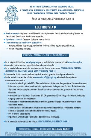 El IGSS invita a participar en la convocatoria para la plaza: Electricista B