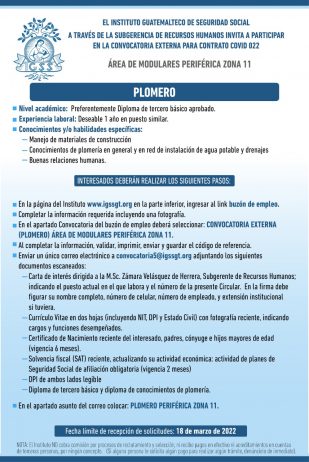 El IGSS invita a participar en la convocatoria para la plaza: Plomero