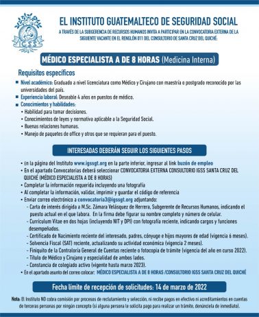 El IGSS invita a participar en la convocatoria para la plaza: Médico especialista A (Medicina Interna)