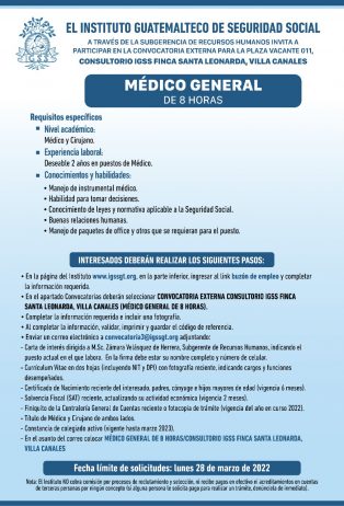 El IGSS invita a participar en la convocatoria para la plaza: Médico General de 8 horas
