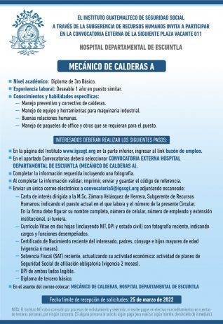 El IGSS invita a participar en la convocatoria para la plaza: Mecánico de Calderas A