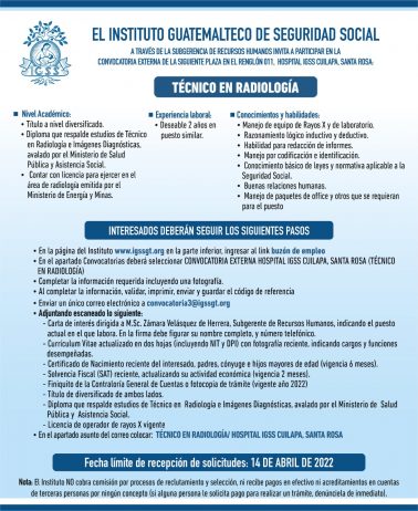 El IGSS invita a participar en la convocatoria para la plaza: Técnico en Radiología