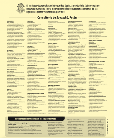 El IGSS invita a participar en la convocatoria para las siguientes plazas en el Consultorio Sayaxché, Petén