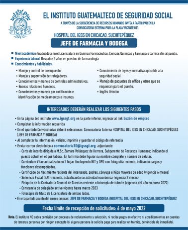 El IGSS invita a participar en la convocatoria para la plaza: Jefe de Farmacia y Bodega