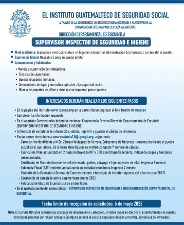 El IGSS invita a participar en la convocatoria para la plaza: Supervisor Inspector de Seguridad e Higiene