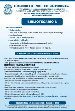 El IGSS invita a participar en la convocatoria para la plaza: Bibliotecario B