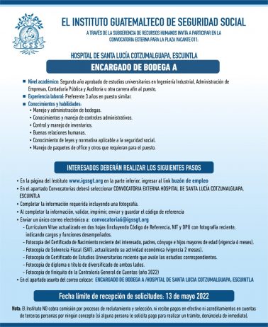 El IGSS invita a participar en la convocatoria para la plaza: Encargado de Bodega A
