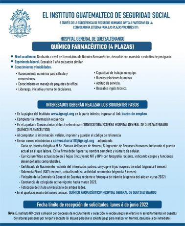 El IGSS invita a participar en la convocatoria para la plaza: Químico Farmacéutico (4 plazas)