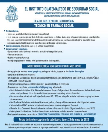 El IGSS invita a participar en la convocatoria para la plaza: Técnico en Trabajo Social