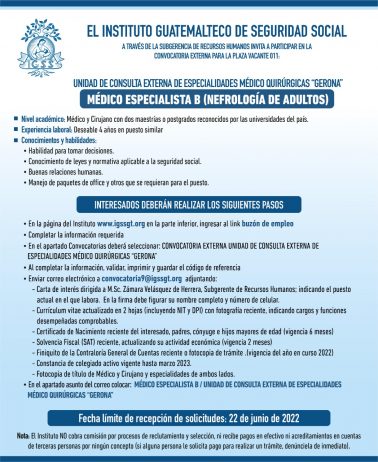 El IGSS invita a participar en la convocatoria de la plaza: Médico Especialista B (Nefrología de Adultos)