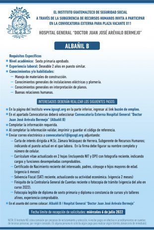 El IGSS invita a participar en la convocatoria de la plaza: Albañil B