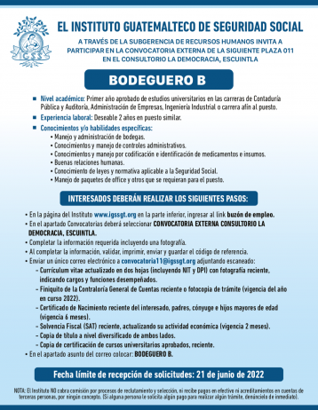 El IGSS invita a participar en la convocatoria para la plaza: Bodeguero B