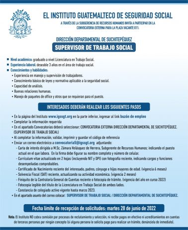 El IGSS invita a participar en la convocatoria de la plaza: Supervisor de Trabajo Social
