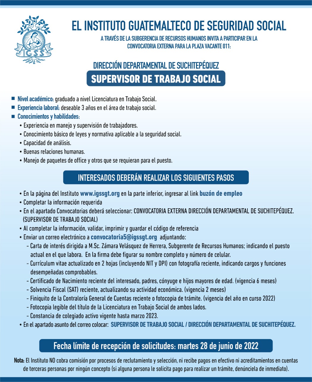 arquitecto Permanente orgánico El IGSS invita a participar en la convocatoria de la plaza: Supervisor de Trabajo  Social - Noticias IGSS