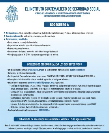 El IGSS invita a participar en la convocatoria de la plaza: Bodeguero A