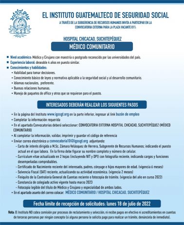El IGSS invita a participar en la convocatoria de la plaza: Médico Comunitario