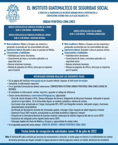 El IGSS invita a participar en la convocatoria de la plaza: Médico Especialista de Consulta Externa y Médico Especialista B
