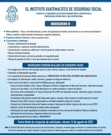 El IGSS invita a participar en la convocatoria de la plaza Bodeguero B