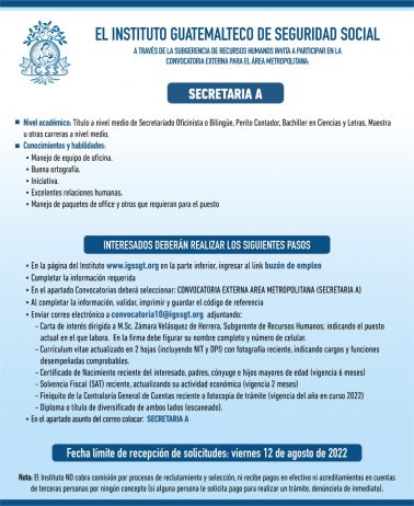 El IGSS invita a participar en la convocatoria de la plaza: Secretaria A