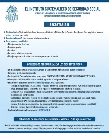 El IGSS invita a participar en la convocatoria de la plaza: Secretaria B