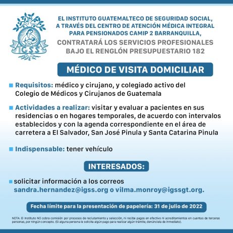 El IGSS invita a participar en la convocatoria de la plaza: Médico de visita domiciliar