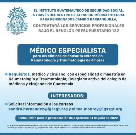 El IGSS invita a participar en la convocatoria de la plaza: Médico Especialista