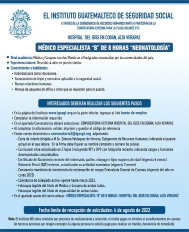 El IGSS invita a participar en la convocatoria de la plaza: Médico Especialista “B” de 8 horas “Neonatología”