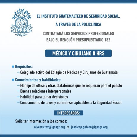 El IGSS invita a participar en la convocatoria de la plaza: Médico y Cirujano 8 horas