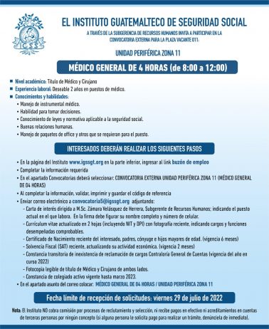 El IGSS invita a participar en la convocatoria de la plaza: Médico General de 4 horas
