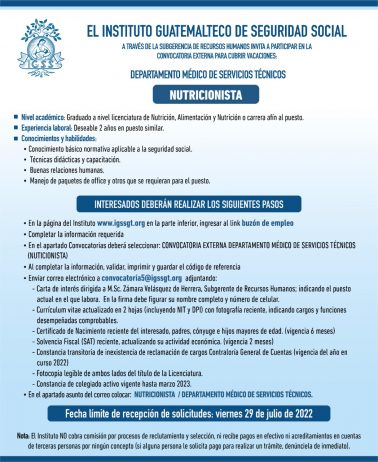 El IGSS invita a participar en la convocatoria de la plaza: Nutricionista