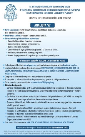 El IGSS invita a participar en la convocatoria de la plaza: Analista A