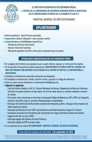 El IGSS invita a participar en la convocatoria de la plaza: Aplanchador