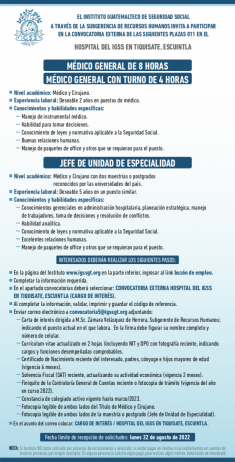 El IGSS invita a participar en la convocatoria de las plazas: Médicos Generales y Jefe de Unidad de Especialidad