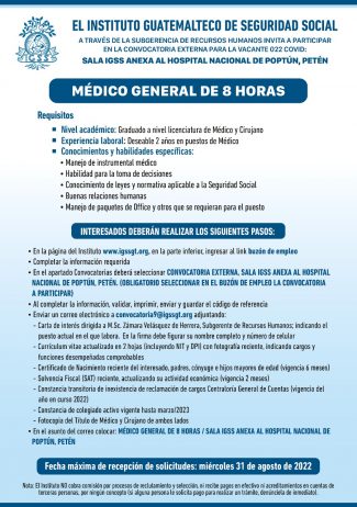 El IGSS invita a participar en la convocatoria de la plaza: Médico General de 8 horas