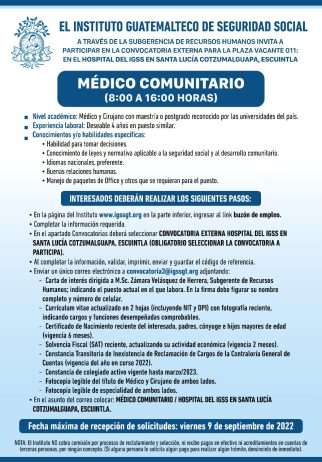 El IGSS invita a participar en la convocatoria de la plaza: Médico Comunitario