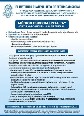 El IGSS invita a participar en la convocatoria de la plaza: Médico Especialista “A” con turno de 4 horas, Cirugía General
