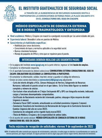 El IGSS invita a participar en la convocatoria de la plaza: Médico Especialista de Consulta Externa de 8 horas – Traumatología y Ortopedia