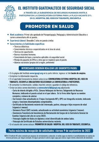 El IGSS invita a participar en la convocatoria de la plaza: Promotor en Salud