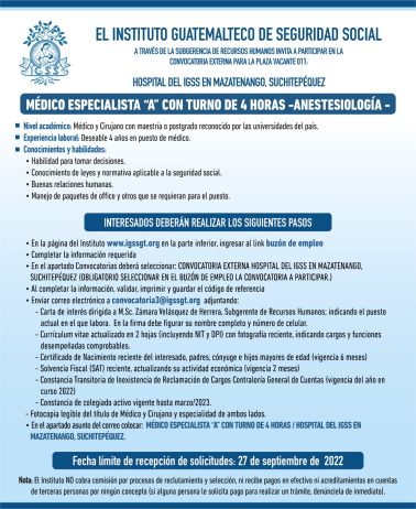 El IGSS invita a participar en la convocatoria de la plaza: Médico Especialista A -Anesteriología-