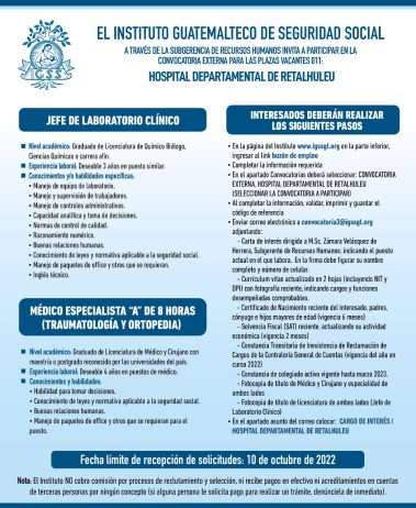El IGSS invita a participar en la convocatoria de las plazas: Jefe de Laboratorio Clínico y Médico Especialista (Traumatología y Ortopedia)
