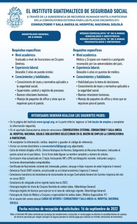 El IGSS invita a participar en la convocatoria de las plazas: Odontólogo General y Médicos Especialistas
