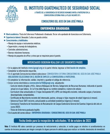 El IGSS invita a participar en la convocatoria de la plaza: Enfermera Graduada
