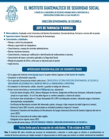 El IGSS invita a participar en la convocatoria de la plaza: Jefe de Farmacia y Bodega