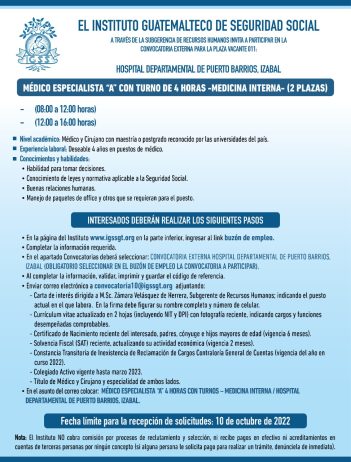El IGSS invita a participar en la convocatoria de las plazas: Médico Especialista A con turno de 4 horas -Medicina Interna- (2 plazas)