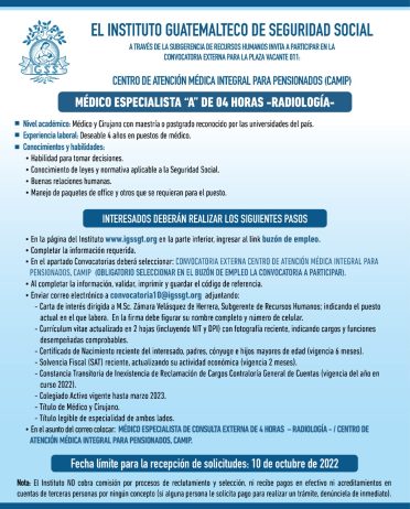 El IGSS invita a participar en la convocatoria de la plaza: Médico Especialista A de 4 horas -Radiología-